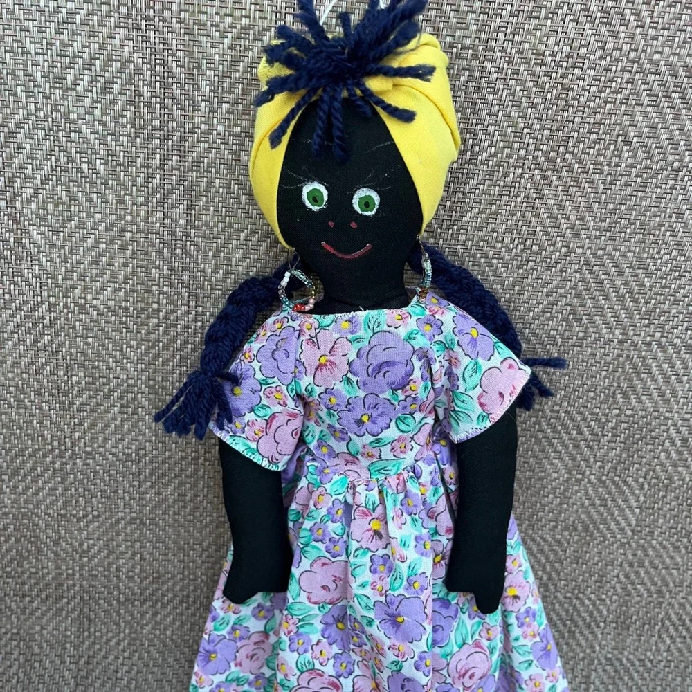 Vintage Venezuelan Folk Art Cloth Doll Handmade Floral Dress Yellow Headwrap 16